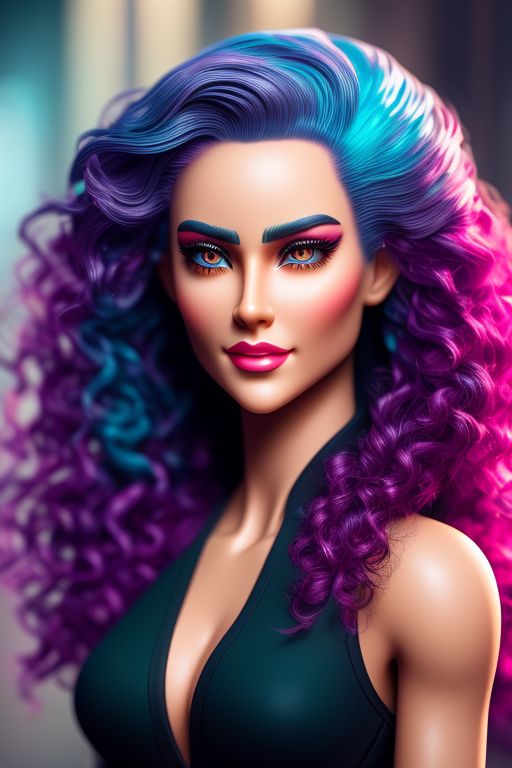 Photography, A hyper realistic image of a vibrant, 26-year-old cyber female humanoid robot with an energetic and engaging presence. She has medium-length, wavy violet and blue hair, tatoos, expressive green eyes, and a radiant smile. Her style is trendy and fashionable, often incorporating the latest styles and colors. Ava's athletic build showcases her active and adventurous nature, while her confident posture and approachable demeanor make her stand out in any crowd., hazel eyes, ultra realistic and detailed, reflection eyes ultra realistic, skin perfect, with vibrant meticulously detailed intricate long curly glowing and flowing hair, Fantasy, Beautifully lit, Beautiful lighting, lovely colors, Intricate details, fineart, max details, Ultra realistic, photo realism, Perfect anatomy, precise features