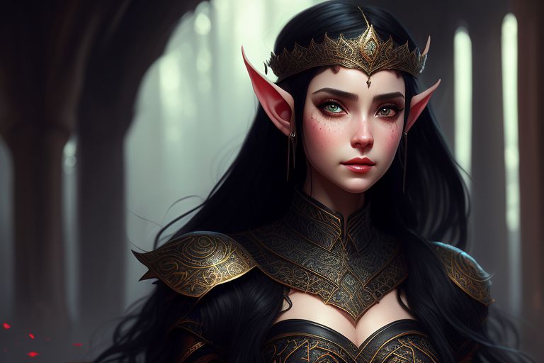 worn-walrus279: Half-elf female with long black hair liquid golden eyes  with a dark barmaid outfit