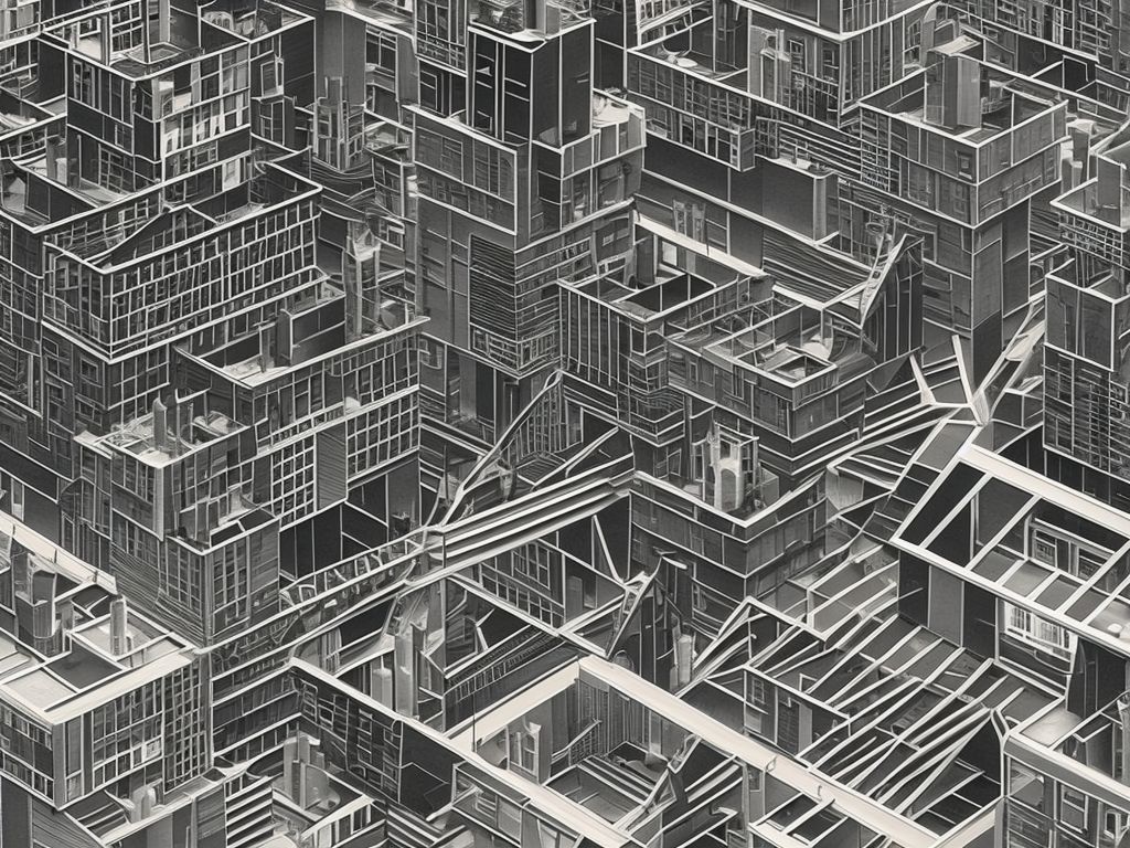 Illustrate a mesmerizing, Escher-inspired cityscape with a series of interconnected buildings and bridges that appear to defy the laws of physics, featuring a complex network of impossible walkways and staircases that seem to lead both upwards and downwards at the same time, with people traversing the scene in various orientations.