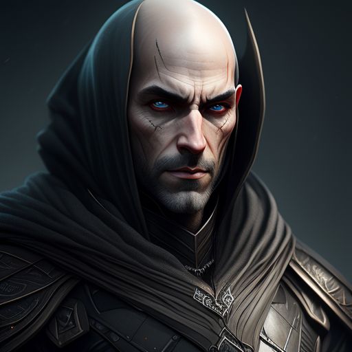 ruralram383 fulllength portrait of a bald male elf, dark hood, highly detailed, digital