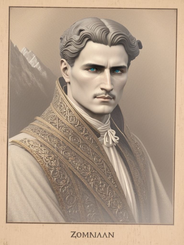 Corneliu Zelea Codreanu in a romanticized, rustic setting in the Romanian mountains, Nicola Samori, Roberto Ferri, Caravaggio, Botticelli, Arno Breker, Caspar David Friedrich, Detailed painting, Very handsome, Very beautiful, Noble, Romantic, Romanticism, Neoclassicism, Turquoise eyes, Blue eyes, Brown hair, No facial hair, In the style of a dragon age inquisition tarot card, Traditional romanian clothing, Elden Ring, Ivan Aivazovsky, Alexandre calame, Hellenic style, Roman statue, Ancient roman, Soulful eyes, Angelic , Saintly, Heroic, Noble facial expression, Clean shaven, Clear complexion, Youthful, Thick hair, Short wavy hair, Romanian peasant clothing, Romanian national flag colors, Oval face, Byzantine saint, Archangel michael, Legionary, Roman legionary, Saintlike, Haloed, holy, Male beauty, Godlike, Virgo zodiac, Halo effect, Green details in clothing, Orthodox cross, Mountain ranges and peaks, Masterpiece , Sad eyes, Fixed purpose, God's light