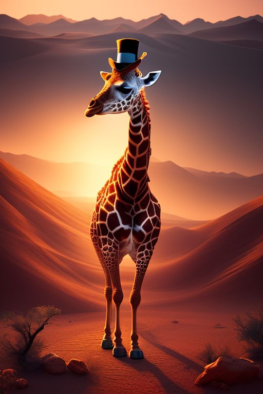 Illustration, A giraffe wearing a top hat on his head dancing in the middle of the desert

, Breathtaking, 8k, Extremely detailed, Beautiful, artistic, Hyperrealistic, Octane render, Cinematic lighting, Dramatic Lighting, Masterpiece
