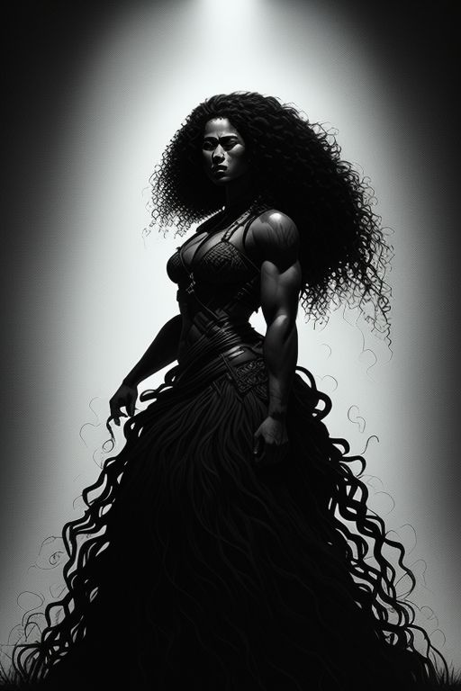 immense-mouse51: strong samoan woman, long curly hair, full body