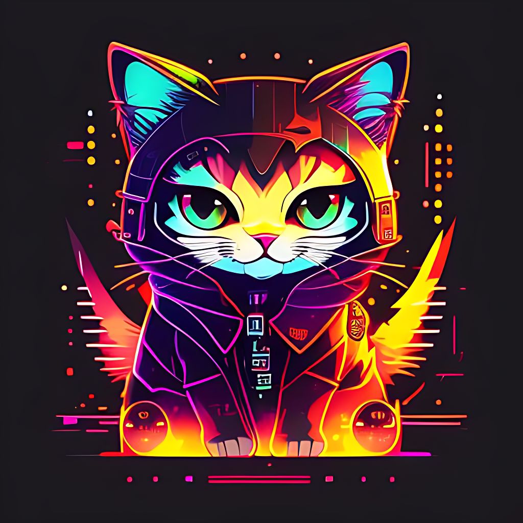 PabloAzevedo: cat mascot cyberpunk style, super cute, 2d, vector, flat