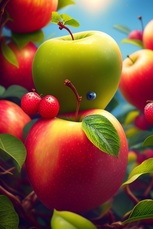 ManiKFox: a whimsical apple with big eyes eating a banana, vibrant ...