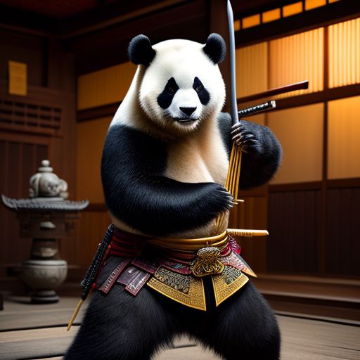 a samurai panda, holding a sword in a fighting stance, in an ancient japanese temple, realistic, 8k, hd, Perfect anatomy, Studio photo, Rich color, Sensual, Fantasy, Photorealistic, Hyperrealistic photography, Ultra detailed, Vibrant lighting, Realistic textures, Beautiful face, Cute Eyes, Fine details, Intricate details, Full body portrait, Full body framed in