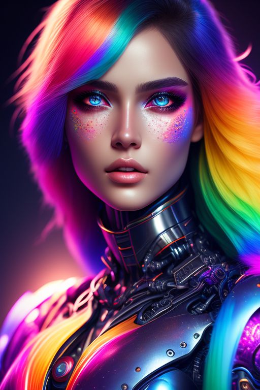 Cris: mecha girl rainbow eyes super bright background