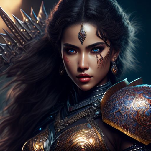 Fantasy warrior woman with intricate armor and vibrant weapon., Perfect anatomy, Studio photo, Rich color, Sensual, Fantasy, Photorealistic, Ultra detailed, Vibrant lighting, Realistic textures, Beautiful face, Cute Eyes, Fine details, Intricate details, Full body, Hyperrealistic, Shine, Full figure, Supermodel