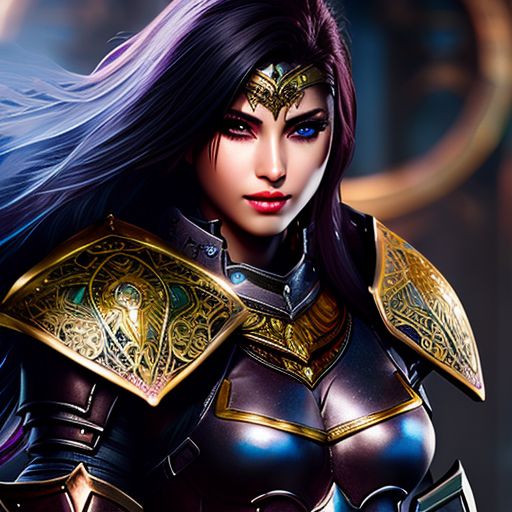 Fantasy warrior woman with intricate armor and vibrant weapon., Perfect anatomy, Studio photo, Rich color, Sensual, Fantasy, Photorealistic, Ultra detailed, Vibrant lighting, Realistic textures, Beautiful face, Cute Eyes, Fine details, Intricate details, Full body, Hyperrealistic, Shine, Full figure, Supermodel