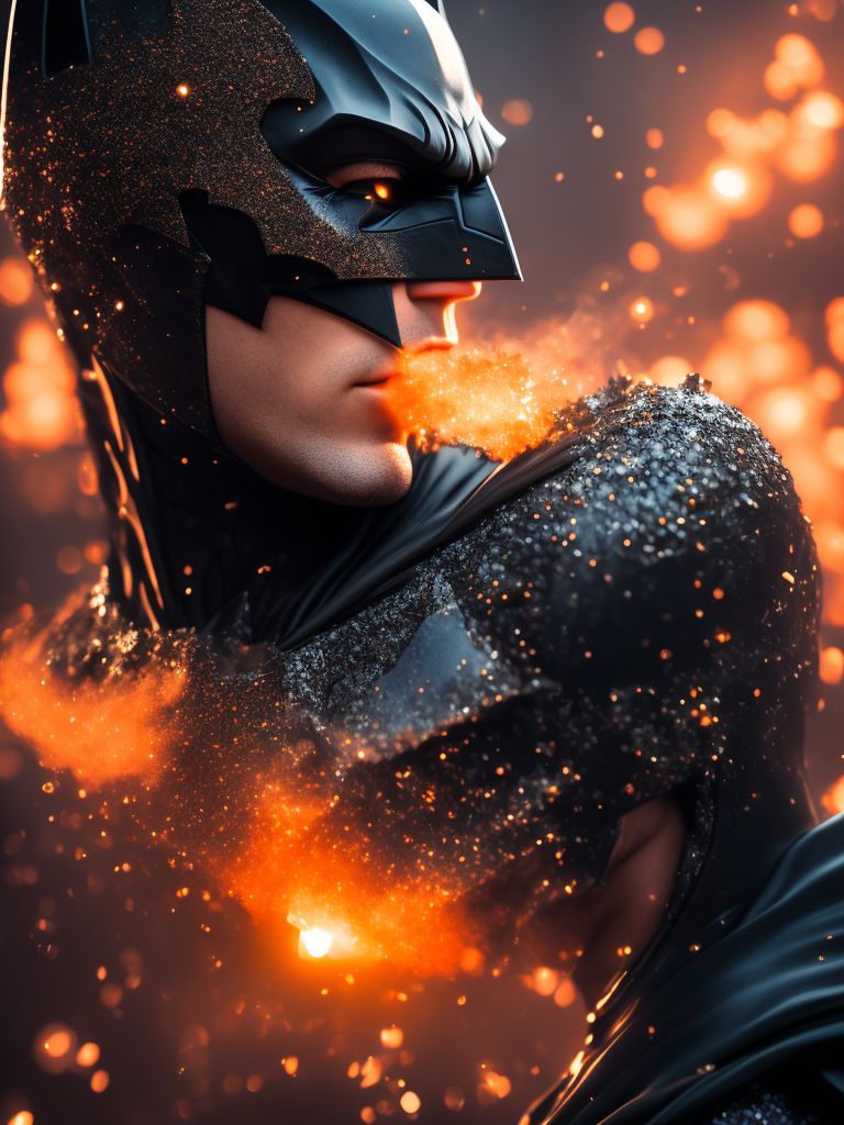 Vparratv: batman, ultra detailed, complete attribute. destruction, city in  ruins, smoke, floodlights, night, technic, explosion, attack, with a  glowing illuminating the way with orange color sky