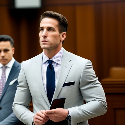 Muscular White male lawyer wearing an expensive suit in court
