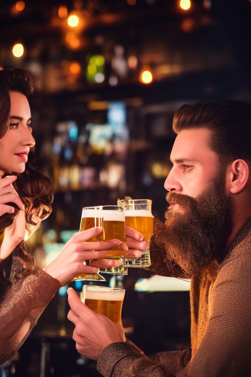 another-eel456: photograph of a bearded man and girl sipping a beer scene  in a pub, WRITTEN SIGN (BUNKER), night, indirect lights, bar,  advertisement, rocker, realistic, 50mm lens