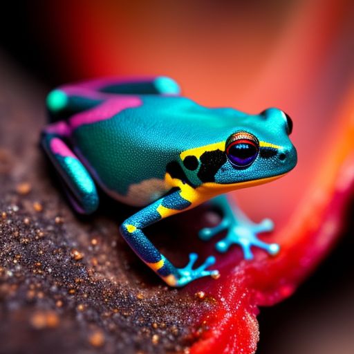 Poison Dart Frog, Vibrant colors, macro photography, Detailed, Close-up, Low angle, national geographic style, trending on instagram, Nature, wildlife, Vibrant, Psychedelic, art by alex hyde and mark moffett.