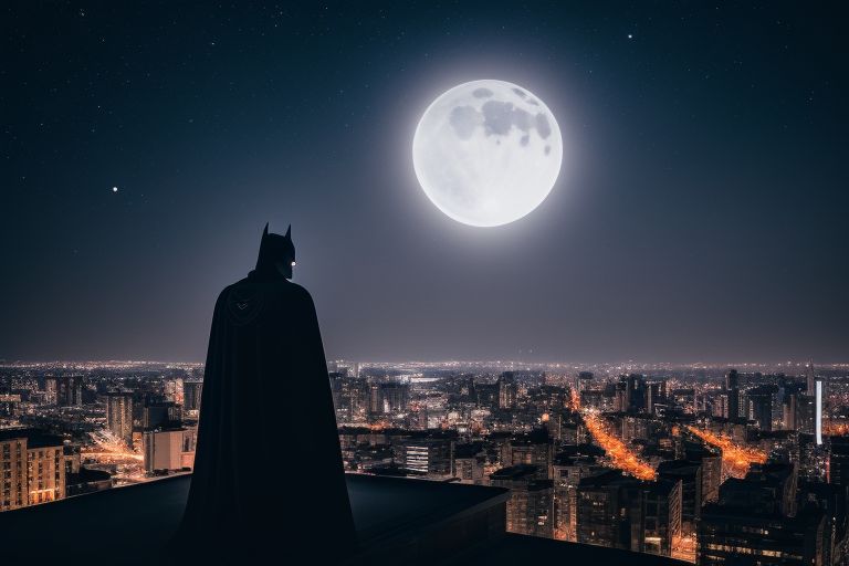 rare-ape677: batman on top of a building seeing his sign in the sky with  the moon in the background, the most beautiful photo in the world