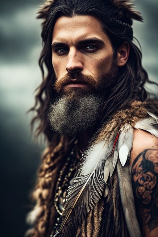 vague-wasp791: Photograph. Merlin. Druid. “wild man”, old, wide-eyed  madness. Manic. Baring teeth. Tattoos. Feathers. furs.