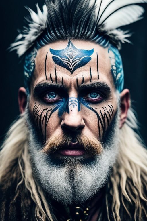 vague-wasp791: Photograph. Merlin. Druid. “wild man”, old, wide-eyed  madness. Manic. Baring teeth. Blue painted face. Tattoos. Feathers. furs.
