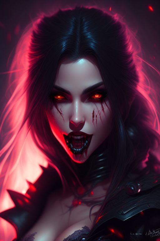 gorgeous female vampire, mouth (slightly) open showing vampire teeth, ominous lighting, and a dark atmosphere, Highly detailed, Sharp focus, Digital painting, Fantasy, art by loish and artgerm, trending on deviantart.