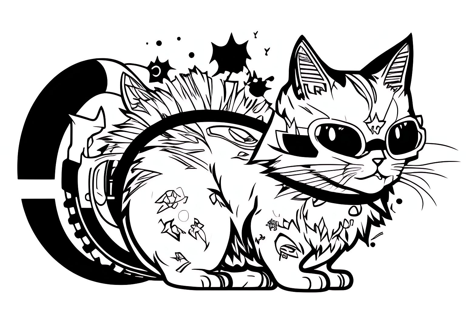 glass-wren889: cat mascot cyberpunk style, super cute, 2d, vector, flat,  b&w lineart style fashion, minimalist style, ((white background)), picture,  ((coloring book style on white background)), well composed, clean coloring  book page, No