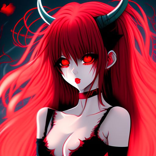 demon anime girl with red hair and red eyes