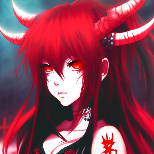 demon anime girl with red hair and red eyes