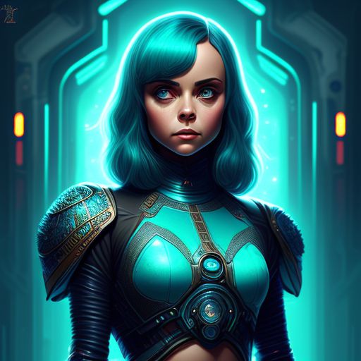 Christina Ricci turtle, Nostalgic, Retro, Sci-fi, Intricate, Highly detailed, Digital painting, Artstation, Concept art, blue and teal lighting, Sharp focus, art by magali villeneuve and artgerm, textured background, Trendy, moody.