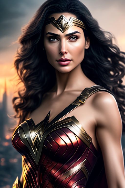 Vparratv: gal gadot is wonder woman with swords, full body, detailed face,  add a city background, realistic style, add shine, add smoke