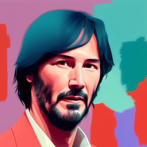 portrait of keanu reeves, David hockney style, --chaos 100, Lineless, Soft color palette, Oil painting, Grainy texture, Matte tones, Flat colors, Flat lighting, Best quality 