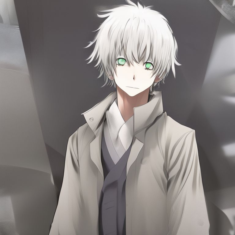 Attractive anime boy with mid length white hair with dull green