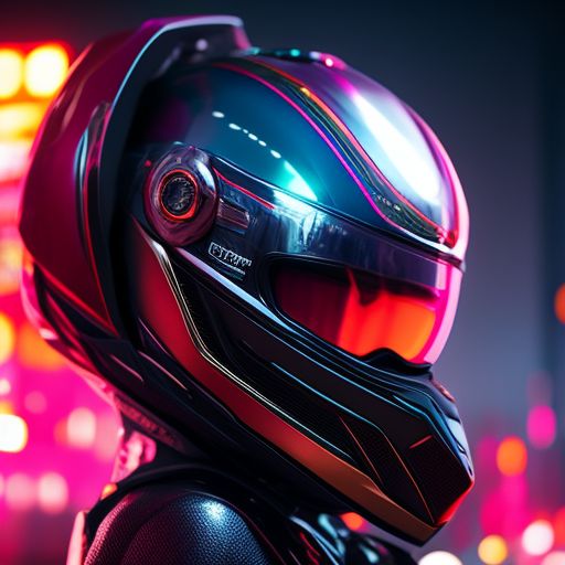 The woman of the future with a helmet and led lights is an amazing and  futuristic vision. The helmet he is wearing is elegant in design, with  smooth lines and streamlined curves.