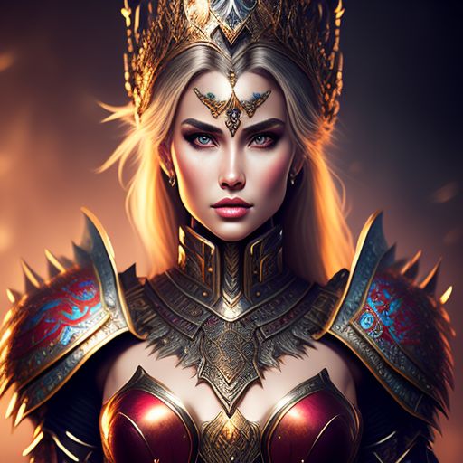 Fantasy warrior queen in plated armor., Perfect anatomy, Studio photo, Rich color, Sensual, Fantasy, Photorealistic, Ultra detailed, Vibrant lighting, Realistic textures, Beautiful face, Cute Eyes, Fine details, Intricate details, Full body, Hyperrealistic, Shine, Full figure, Supermodel