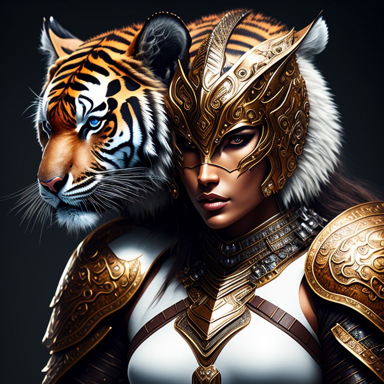 Tiger woman. Warrior. Heavy Armor. Covered. White and Brown., Studio photo, Rich color, Fantasy, Photorealistic, Ultra detailed, Vibrant lighting, Realistic textures, Full body, Hyperrealistic, Shine, Full figure
