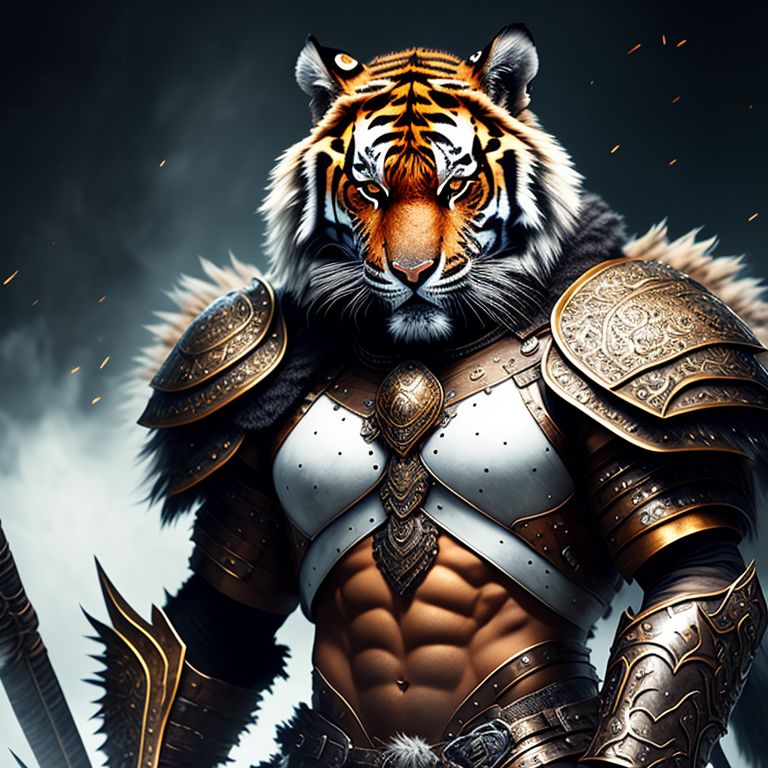 Tiger furry woman. Warrior. Heavy Armor. Covered. White and Brown., Studio photo, Rich color, Fantasy, Photorealistic, Ultra detailed, Vibrant lighting, Realistic textures, Full body, Hyperrealistic, Shine, Full figure
