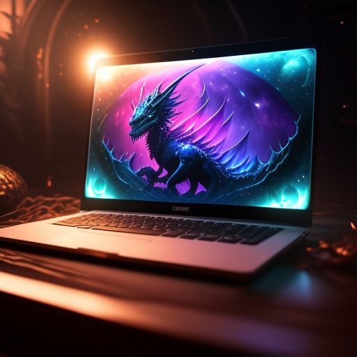 Queasy-gaur868: A Laptop Floats In A Dark Void, A Dragon On The Screen 