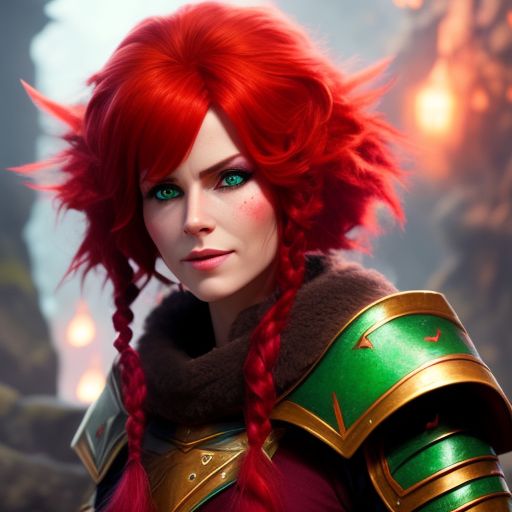 female firbolg paladin with bright red hair and green eyes with long fluffy ears, Dungeons and dragons