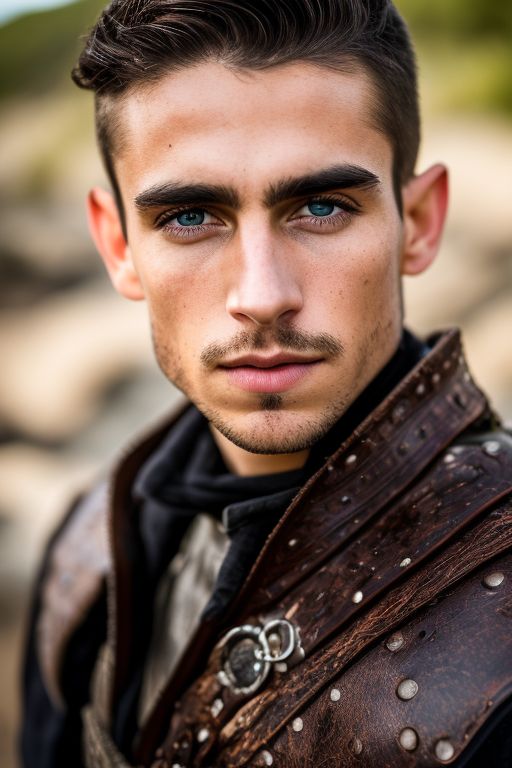 white-mantis40: young half elf male, rugged leather armor, looking ...