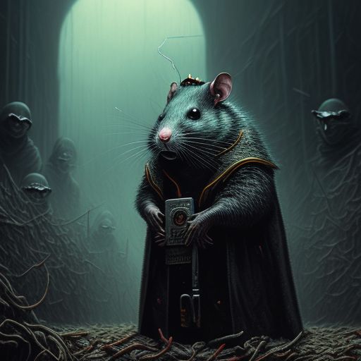 elegant-pony473: large swarm of rats being controlled by an ominous hooded rat  king with jeweled crown and health inspector badge