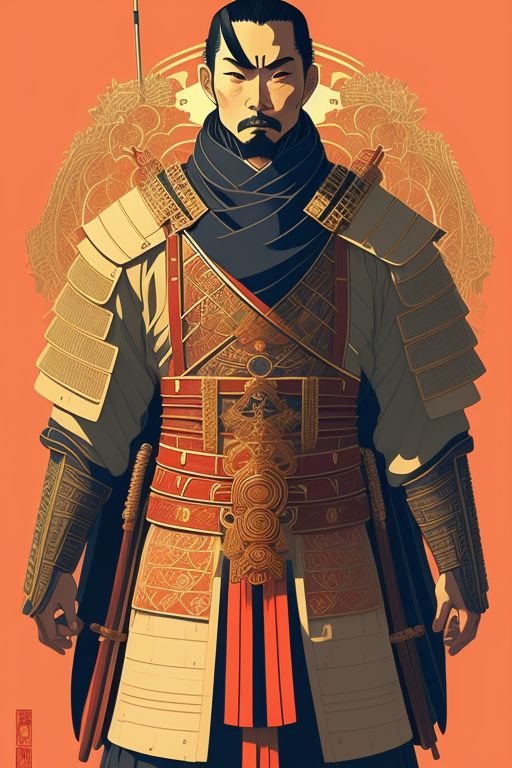 a Japanese samurai man, full body, front view, symmetrical, calm, natural expression, peaceful, In the art style of Ilya Kuvshinov  and Jean Giraud, Japanese anime, 16K, Fine stroke with high defination feeling, Color outlined, Retro, Centered and symmetrical