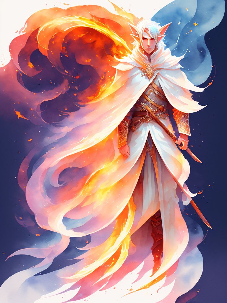 Delicate watercolor illustration, A male elf fire wizard, Warm color palette, Pastel colors, White background, Cozy, Orthographic view, Full figure shot, Fantasy