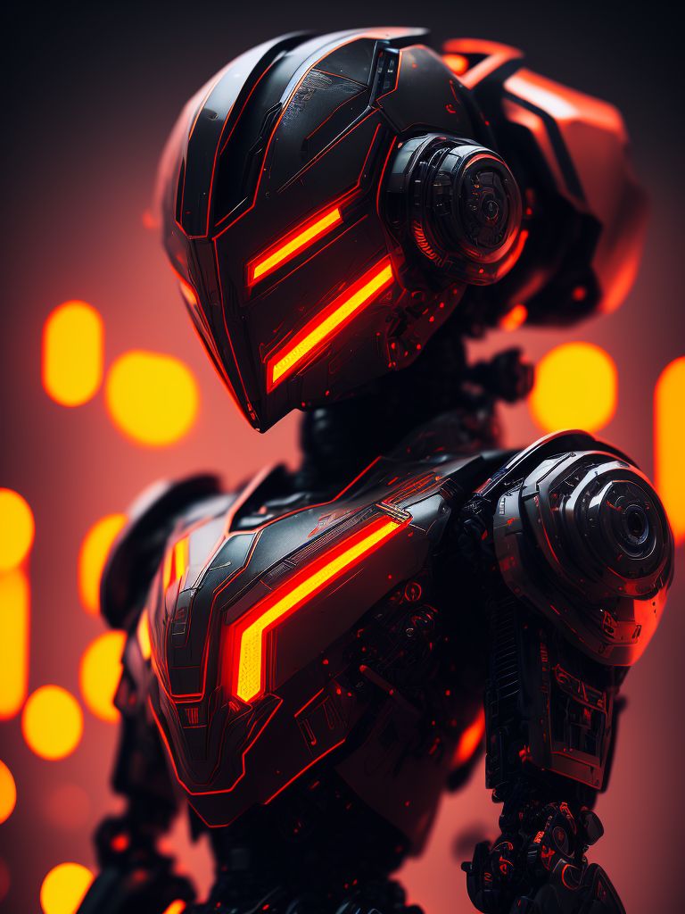 markmo: a robot armoured with orange and black lights, in the style of anime  art, wlop, sharp lines, 8k resolution