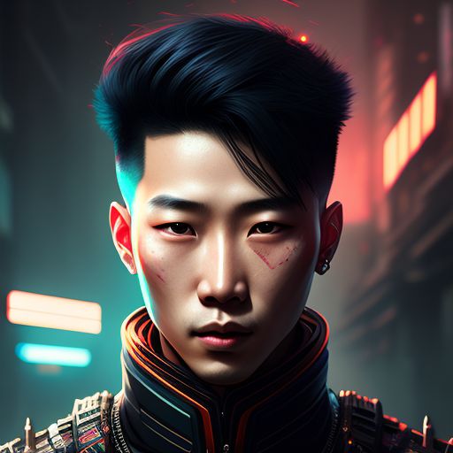 parallel-pig219: Asian. A young man. Cyberpunk. Portrait. Nomad