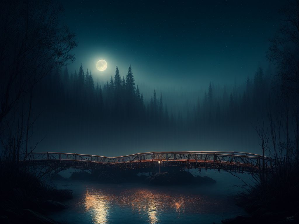 raccoon-wooden-bridge-river-forest-night-fog-gloomy