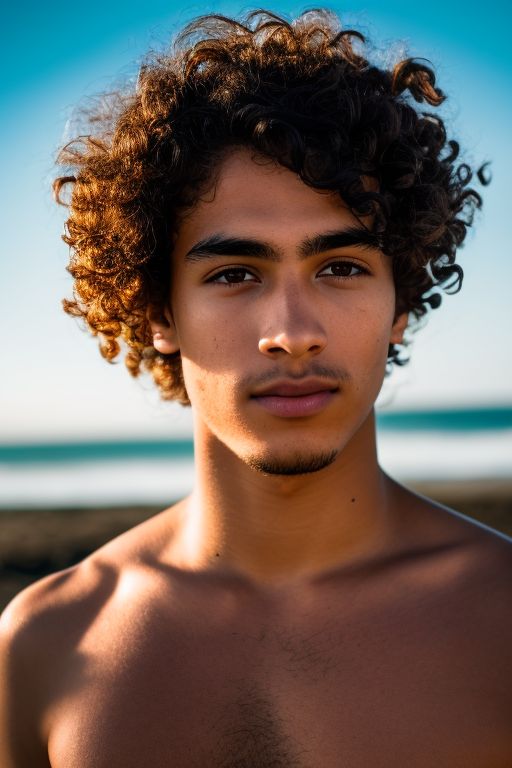 Kasans shirtless male with curly hair, age 18, beach scene, golden