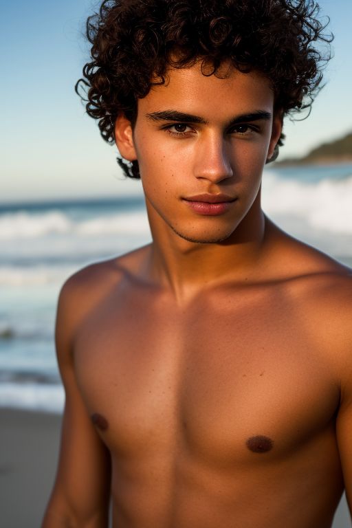 Centered, Photography, Realistic, an ultra high definition, sharply focusing on the intricate details of radiant facial skin of, Photograph of a curly-haired, shirtless 18-year-old male on a beach during the golden hour. The image should have a wide view, showing the entire body of the model, and the skin should be smooth and detailed for a high-quality finish. The background of the beach scene should be in focus, but not distract from the focus on the model. The overall mood of the image should be warm and summery, with a soft golden light, healthy and smooth skin, true colored natural eyebrows, big and sparkling brown eyes, hair in a casual of hair framing lovely, photo taken without harsh shadows, showing fullbody, no sunny spot, use a leica summicron-m 28mm lens, professional cameraman