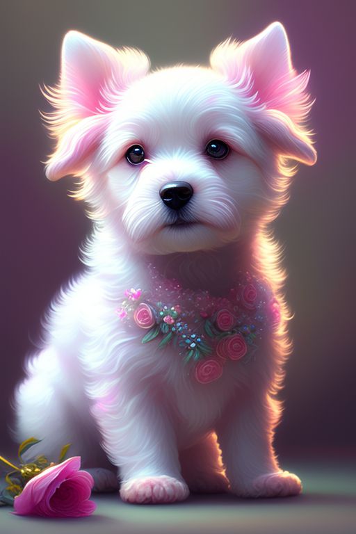 tasty-mouse255: White baby dog with pink lights and flowers, Soft Lighting,  Intricate, Pastel colors, Digital painting, Artstation, Dreamlike,  Whimsical, art by loish and sakimichan and mandy jurgens.