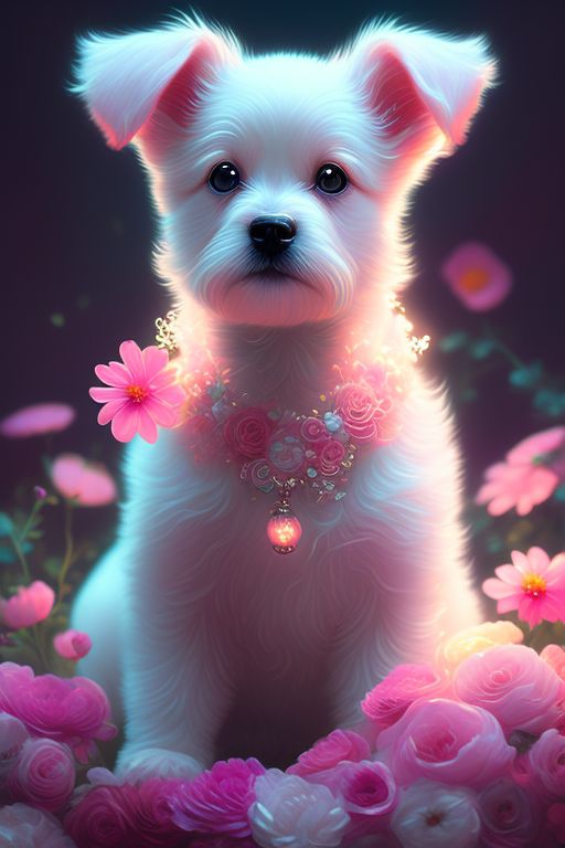 Cute, pink, fluffy, fantasy love puppy, with light