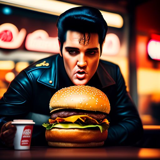 Elvis Presley eating a huge burger in a fast food restaurant, realistic, Cinematic, Photography, Sharp, Hasselblad, Dramatic Lighting, Depth of field, Medium shot, Soft color palette, 80mm, Incredibly high detailed, Lightroom gallery