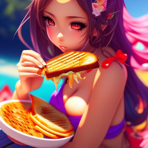 natural-bear700: anime girl in a bikini eating grilled cheese