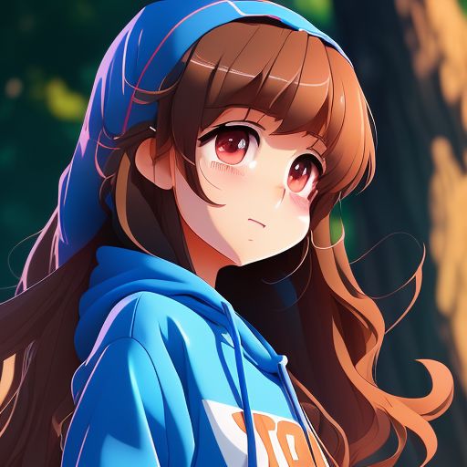 Anime girl with blue eyes, brown hair and she's wearing a black hoodie