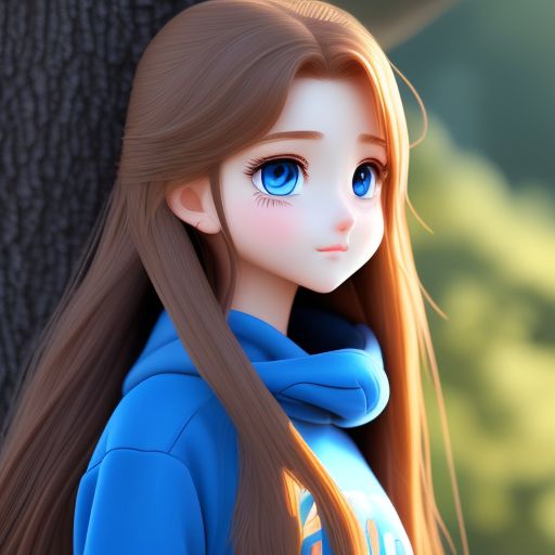 Anime girl with blue eyes, brown hair and she's wearing a black hoodie