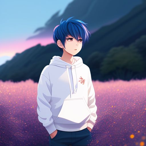 unusual-wasp105: anime boy wearing blue sweater with hoodie and standing  outside in a sunny field with sparkles around him